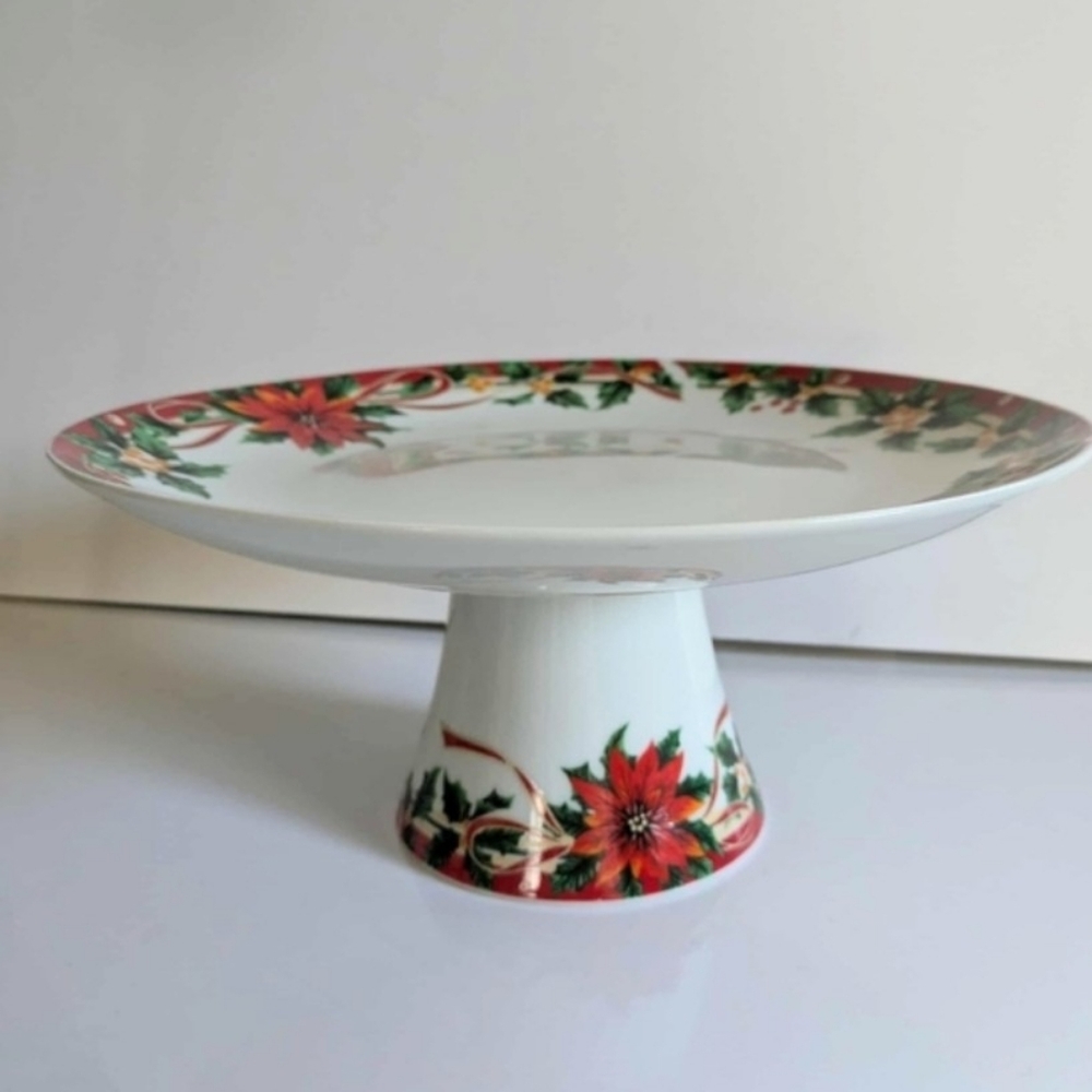 Cake Stand Poinsettia Sunflower Fine Porcelain Footed Christmas Pedestal Plate